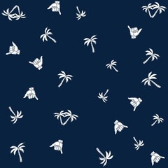 Illustration pattern surf elements, palms, hand and background vacation style