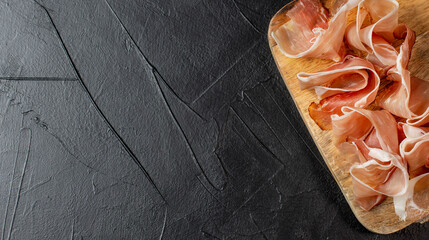 Prosciutto crudo parma ham, dry cured pork meat on a wooden board. Black background. Copy space. Banner space for your text