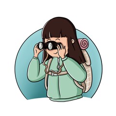 Woman hiking and travelling with backpack and binoculars. Close to the nature. Summer sport weekends outdoor. Active lifestyle illustration in cartoon style.