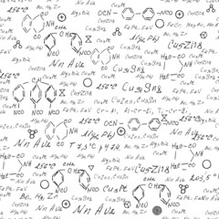 Fototapeta na wymiar Seamless endless pattern background with handwritten chemistry formulas, chemical relationship or rules expressed in symbols, various matter, compounds, composed of atoms, molecules and ions. Vector.