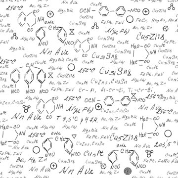 Seamless endless pattern background with handwritten chemistry formulas, chemical relationship or rules expressed in symbols, various matter, compounds, composed of atoms, molecules and ions. Vector.