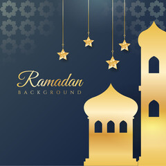 Islamic ramadan kareem greeting card. Black gold ramadan holiday invitation template with mosque star moon crescent and gold Arabic pattern. Vector illustration.