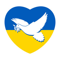 White Dove of Peace Flying with a Branch on the Background of the Ukrainian Flag in Heart Shape. Pray for Peace in Ukraine Concept Illustration. Symbol of Peace and Freedom on White
