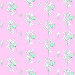 Vector seamless half-drop pattern, with leaves and flowers