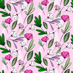 Vector seamless half-drop pattern, with leaves and flowers