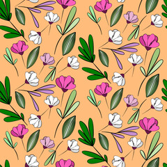 Vector seamless half-drop pattern, with leaves and flowers