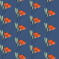 Vector seamless half-drop pattern, with leaves and flowers