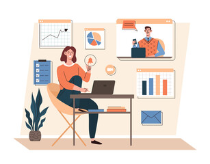 Fototapeta na wymiar Freelance team working online on project. Man and woman sit at workplace, communicating via video link and analyzing statistics. Remote work and business conference. Cartoon flat vector illustration
