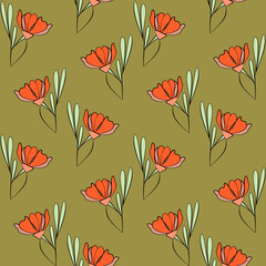 Vector seamless half-drop pattern, with leaves and flowers