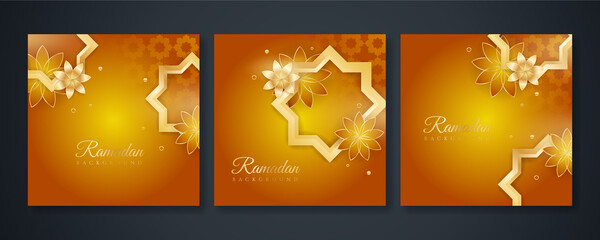 Naklejka premium Islamic ramadan kareem greeting card. Gold ramadan holiday invitation template with mosque star moon crescent and gold Arabic pattern. Vector illustration.