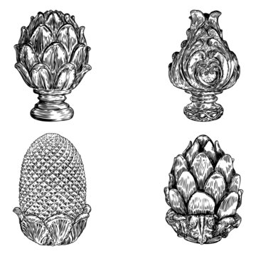 Set of brass or stone pineapple finial hand drawing. Detailed architecture design element. Vector.