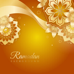 Fototapeta na wymiar Islamic ramadan kareem greeting card. Gold ramadan holiday invitation template with mosque star moon crescent and gold Arabic pattern. Vector illustration.