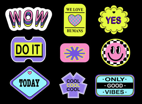 Set Of Cool Retro Stickers Vector Design. Acid Cool trendy retro stickers with smile faces, patches with different phrases. Funky, hipster retrowave stickers. 