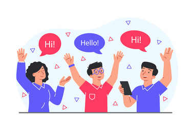 Waving hello concept. Boys and girls greet each other. Happy characters smile, strong relationship between friends. Positive and optimistic people, friendship. Cartoon flat vector illustration