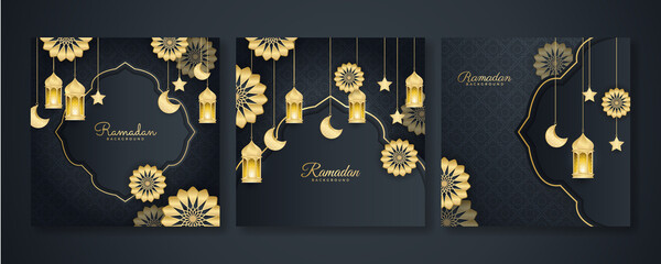 Obraz na płótnie Canvas Islamic ramadan kareem greeting card. Black gold ramadan holiday invitation template with mosque star moon crescent and gold Arabic pattern. Vector illustration.