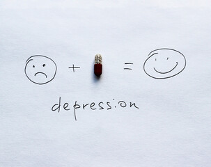 a paper with hand drawn emotions sad and smile, depression and happiness - 493668918