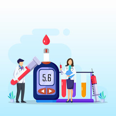 Medicine diabetes concept.  The doctor tests the level of glucose in the blood, prescribes statins. Flat vector illustration.