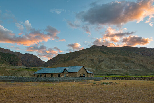 Old House during sunset seen  at Kaza , Spiti Valley, Himachal Pradesh, India