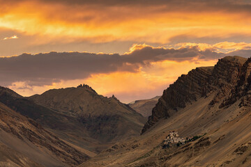 Colourful sky over Monastery at sunset at Kaza , Spiti Valley , Himachal Pradesh, India