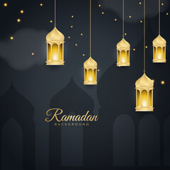 Islamic ramadan kareem greeting card. Black gold ramadan holiday invitation template with mosque star moon crescent and gold Arabic pattern. Vector illustration.