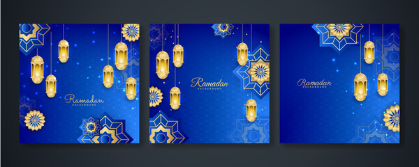 Fototapeta na wymiar Islamic ramadan kareem greeting card. Biru gold ramadan holiday invitation template with mosque star moon crescent and gold Arabic pattern. Vector illustration.