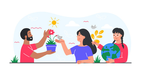 People on nature. Man and woman with potted plants. Ecology activists protect nature, birds and animals, flora and fauna. Volunteers and responsible society. Cartoon flat vector illustration