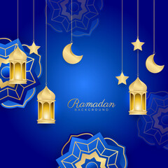 Islamic ramadan kareem greeting card. Biru gold ramadan holiday invitation template with mosque star moon crescent and gold Arabic pattern. Vector illustration.