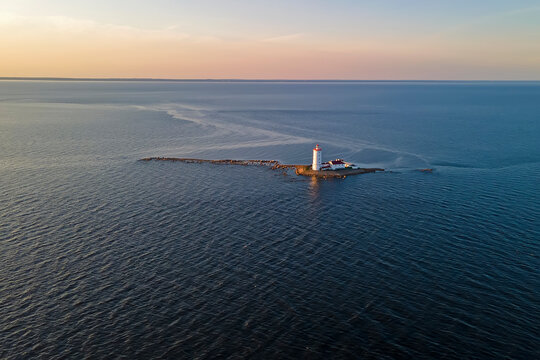 Tolbukhin lighthouse on an island in the sea