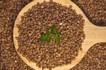 Buckwheat and greens in a wooden spatula. Close up. Top view.