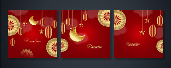 Naklejka premium Islamic ramadan kareem greeting card. Red gold ramadan holiday invitation template with mosque star moon crescent and gold Arabic pattern. Vector illustration.