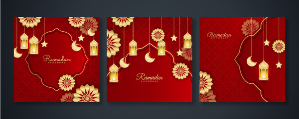 Naklejka premium Islamic ramadan kareem greeting card. Red gold ramadan holiday invitation template with mosque star moon crescent and gold Arabic pattern. Vector illustration.