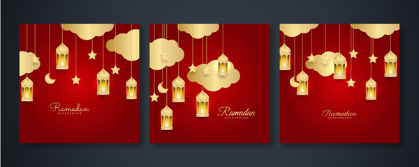 Islamic ramadan kareem greeting card. Red gold ramadan holiday invitation template with mosque star moon crescent and gold Arabic pattern. Vector illustration.