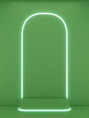 3d renderingconcret square shape podium on green background and  light line.minimailst concept. 