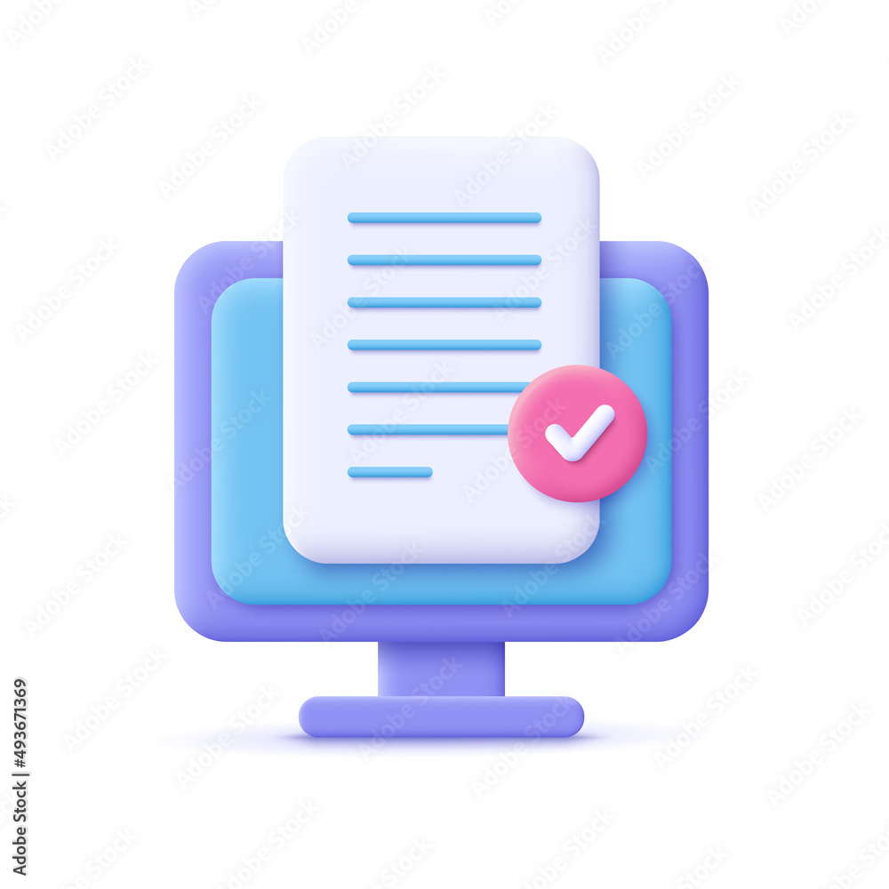 Poster Document file with approved check mark on computer screen. 3d vector icon. Cartoon minimal style.