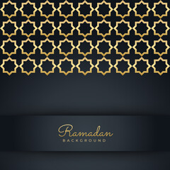 Islamic ramadan kareem greeting card. Black gold ramadan holiday invitation template with mosque star moon crescent and gold Arabic pattern. Vector illustration.