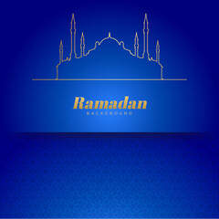 Obraz premium Islamic ramadan kareem greeting card. Biru gold ramadan holiday invitation template with mosque star moon crescent and gold Arabic pattern. Vector illustration.