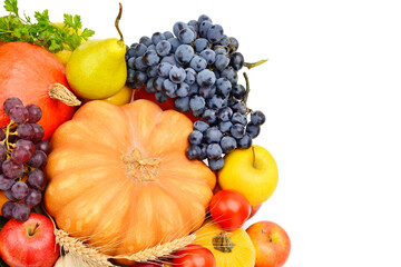 Vegetables and fruits isolated on a white background. Free space for text.