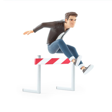 3d cartoon man jumping over hurdle