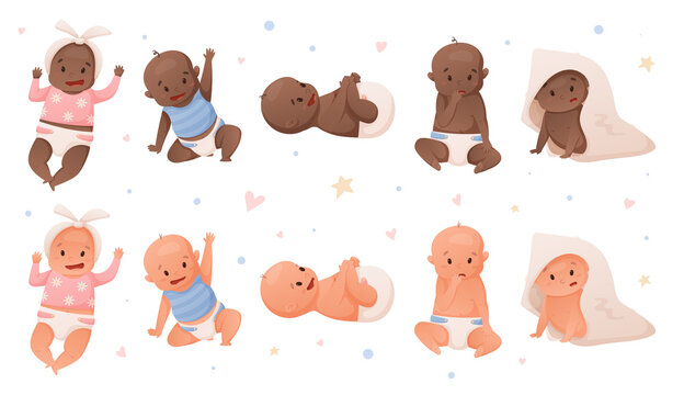 Set of isolated vector illustrations of newborn babies girls and boys in diapers.