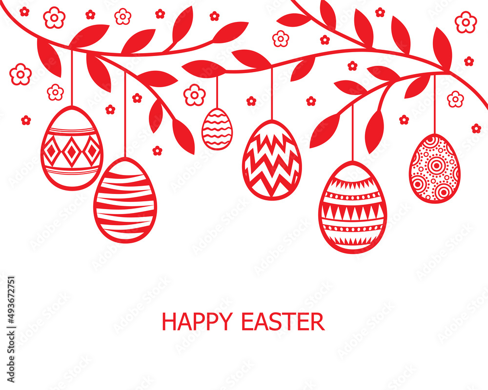 Wall mural Easter  card with decorative eggs hang on branches