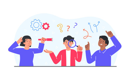 Looking for opportunities. Man with magnifying glass and young girl with binoculars. Company development, goal setting and future. Motivation and leadership. Cartoon flat vector illustration