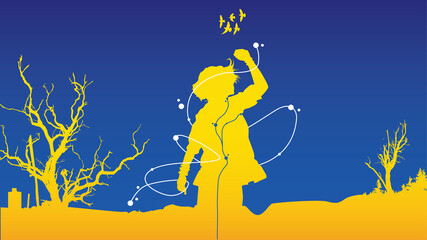 silhouette of girl in ukraine flag with flat design style
