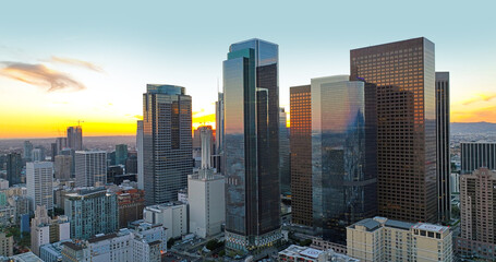 Urban aerial view of downtown Los Angeles. Panoramic city skyscrapers, office building.