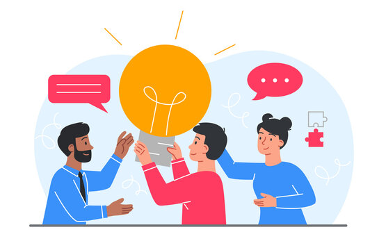 Light bulb teamwork. Creative men and girls with new ideas. Innovations and technologies. Startup and business projects, company development and entrepreneurship. Cartoon flat vector illustration