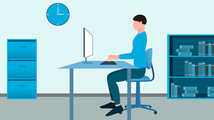 woman working at office computer desk from side view, work from home and flexible work hour character vector illustration.
