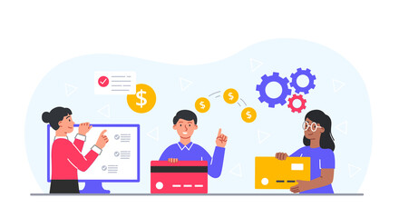 Electronic payment concept. Men and girls with cards next to computer. Cashless transfers and transactions. Financial literacy and banking systems, digital world. Cartoon flat vector illustration