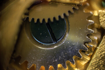 Clock mechanism close-up inside the clock in macro shots