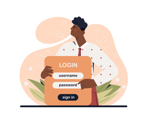 Signing in personal page. Character enters login and password, authentication and authorization. Young guy with website page, internet and modern technologies. Cartoon flat vector illustration