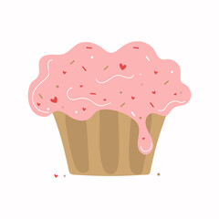 Cake and doodle hearts. Cute kitten and gift boxes. Design for postcards. Vector illustration. Isolated background.	