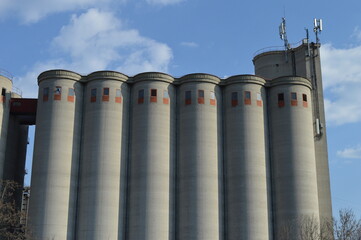 large concrete silos for storing wheat and corn